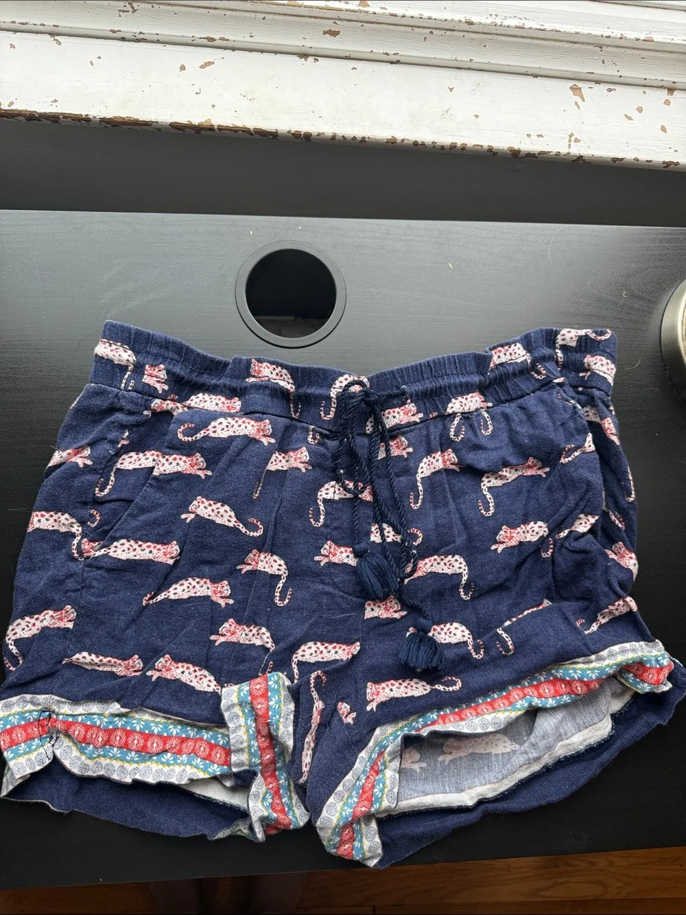 LOFT Navy Pull-On Shorts with Pink Leopard Print and Tassel Drawstring